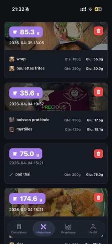 Screenshot of the Gluco history screen
