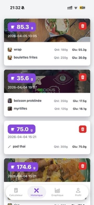 Screenshot of the Gluco history screen